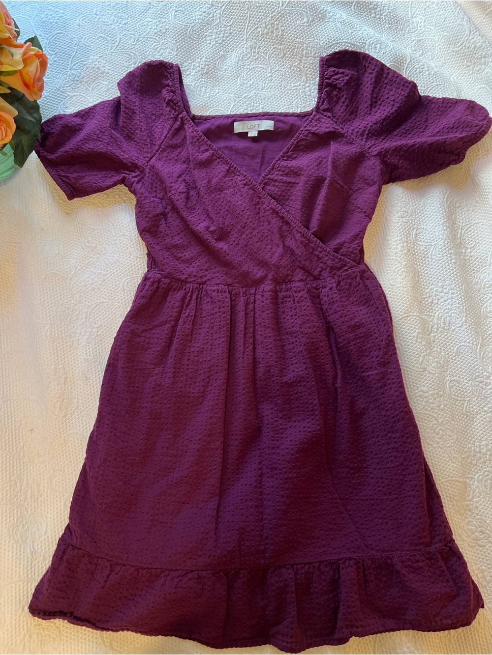 LOFT Plum Purple Puff-Sleeve Wrap Cotton Dress